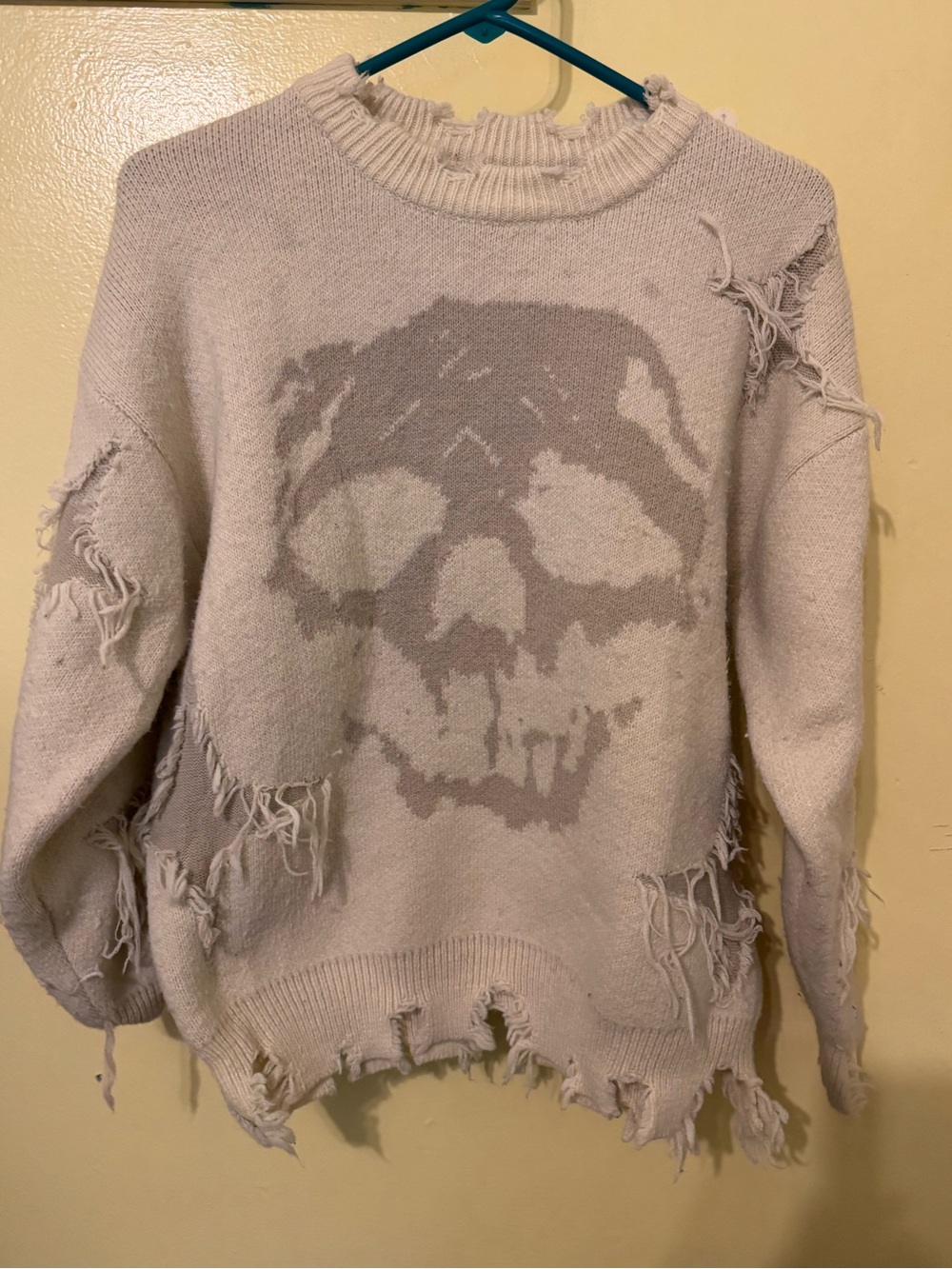 Light Gray Distressed Skull Knit Sweater - Women